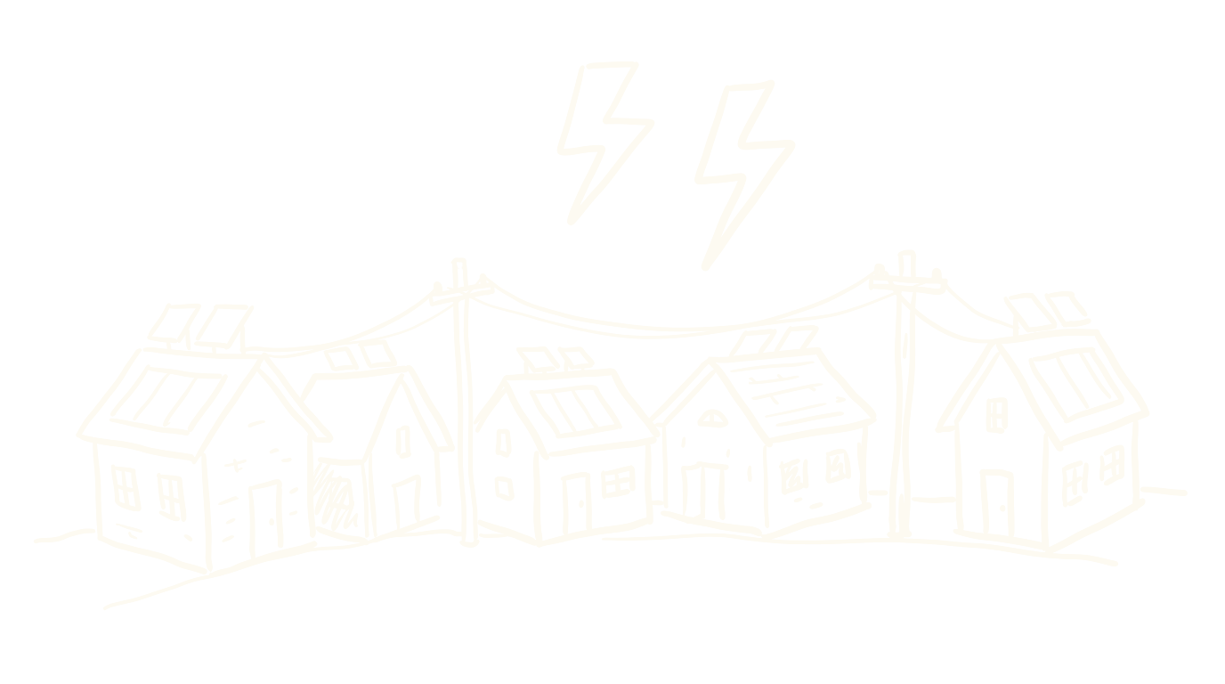 A miniature neighbourhood of houses connected by glowing golden power lines beneath a neon lightning bolt