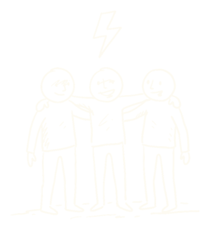 Three figurines clustered together beneath a lightning bolt