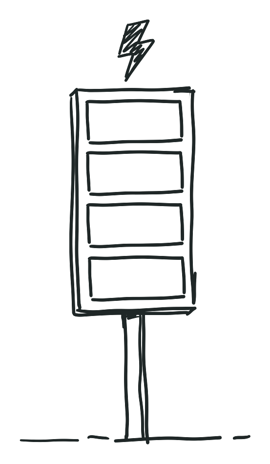 A line-sketch petrol-station price board comparing diesel, petrol, grid power and rooftop solar prices