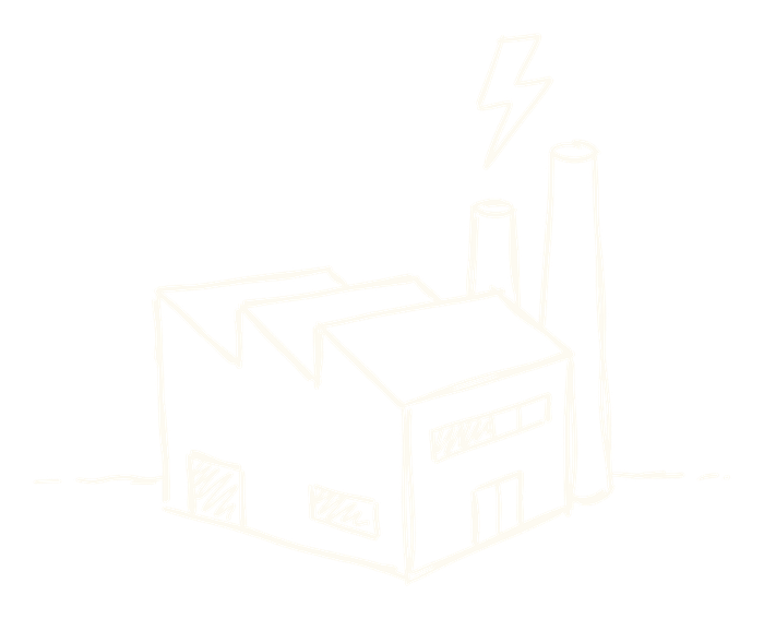 A miniature factory with chimneys of rising heights beneath a lightning bolt