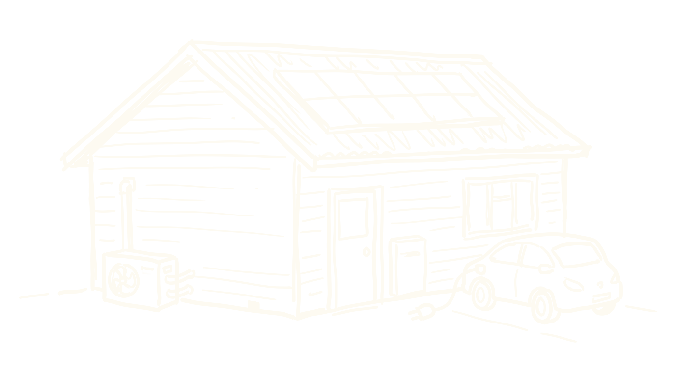 A modern New Zealand home with solar panels, heat pump, home battery and an EV charging in the driveway, drawn as a loose white line sketch