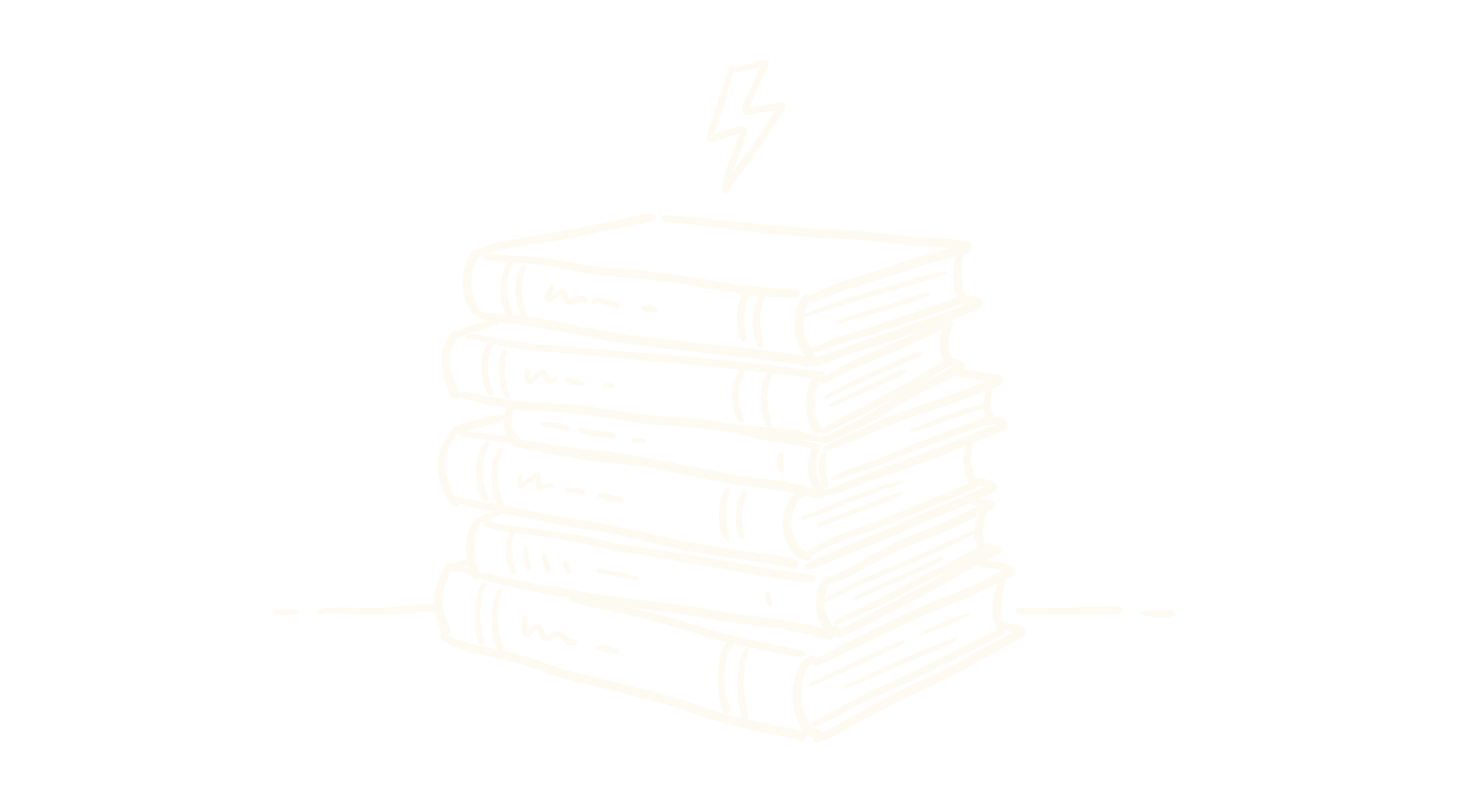 A stack of research reports beneath a glowing lightning bolt in a green studio