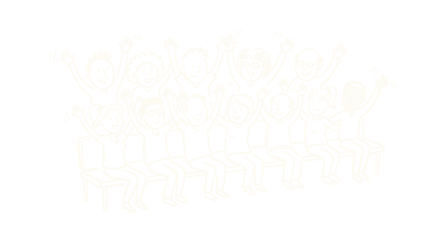 A line sketch of the Rewiring Aotearoa team sitting together, all waving with their hands up