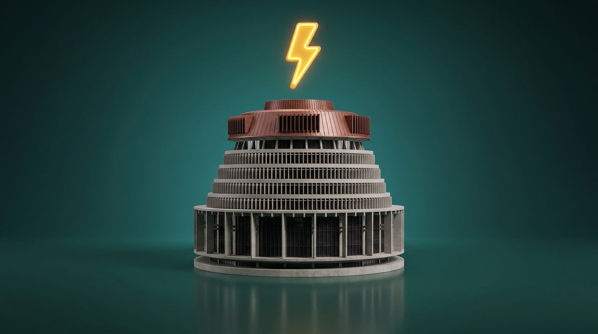 A miniature 3D Beehive parliament building beneath a glowing lightning bolt in a green studio