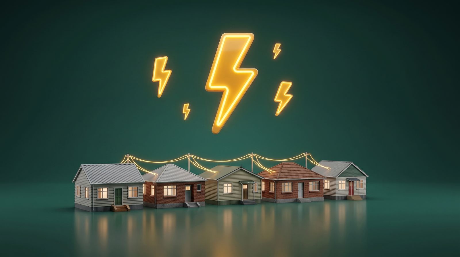 A miniature 3D street of houses connected by glowing golden power lines beneath a neon lightning bolt