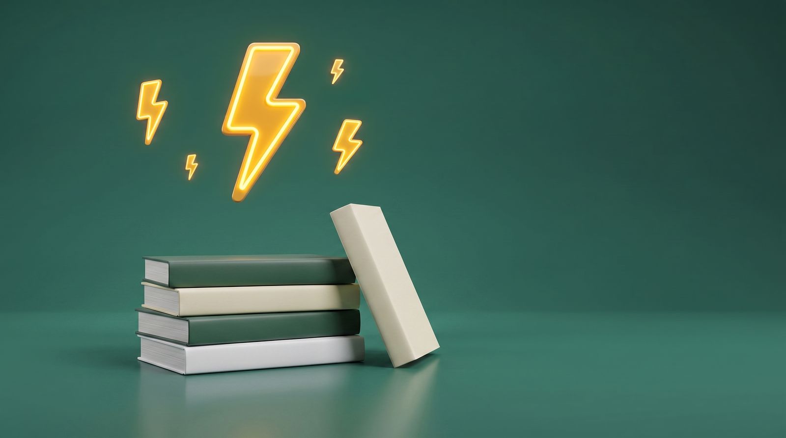 A stack of research reports beneath a glowing lightning bolt in a green studio